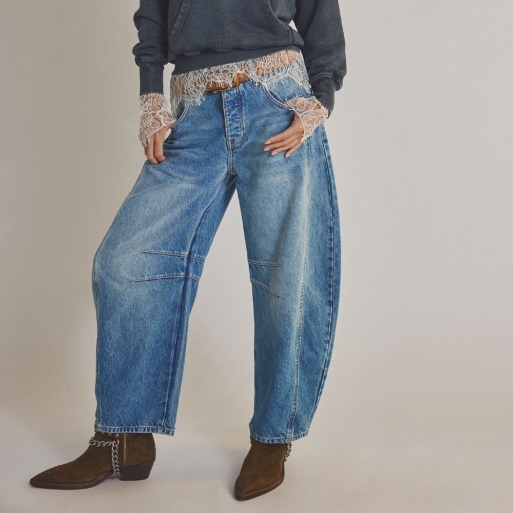 Free People We the Free Good Luck Mid Rise Barrel Ultra Light Beam Jeans